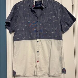 TRANQUILITY & MAYEM Men’s Button Down Chambray & White Camp Shirt - Size L